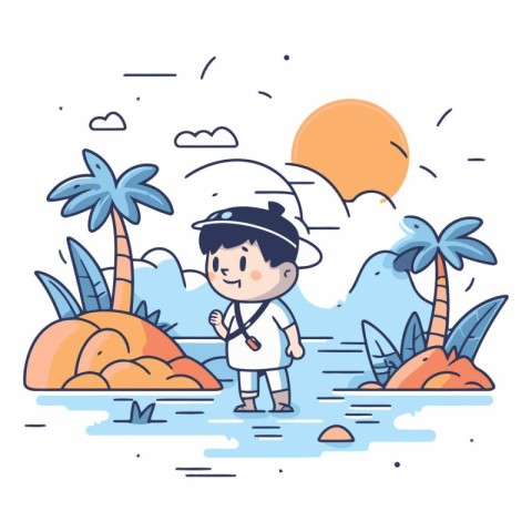 Cute little boy in the beach in flat style