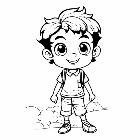 Black and White Cartoon Illustration of Cute Little Boy or Kid C