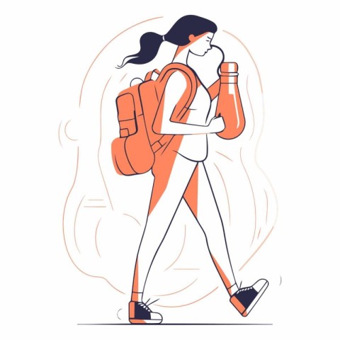 Vector illustration of a girl with a backpack and a bottle of wa