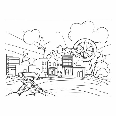 Children's drawing of the city for coloring book.