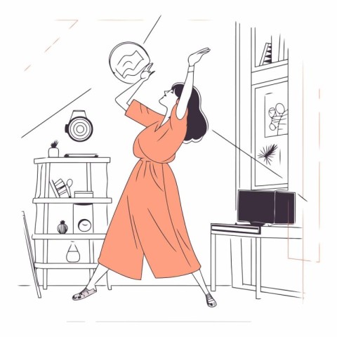 Young woman dancing at home in line art style.