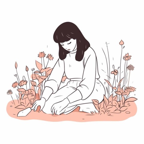 Vector illustration of a young woman sitting on the grass in the