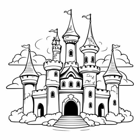 Fairytale castle. Black and white vector illustration for colori