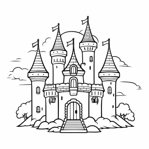 Fairytale castle. Fairytale castle. Black and white vector illus