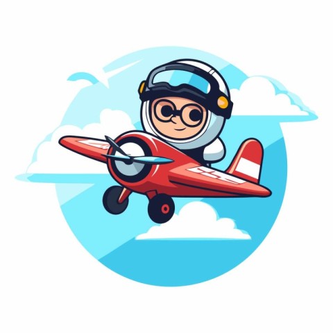 Cute cartoon aviator with airplane in the sky.