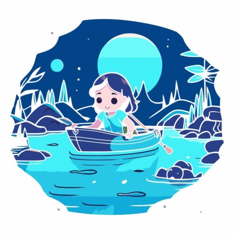 Vector illustration of a girl in a boat in the sea at night