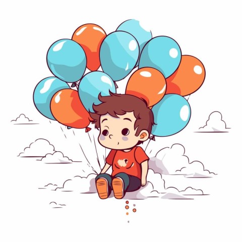 Cute little boy sitting on the clouds and holding balloons.