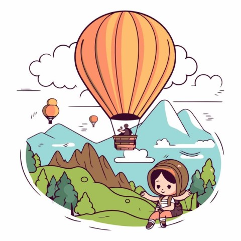 cute little girl with hot air balloon in the landscape vector il