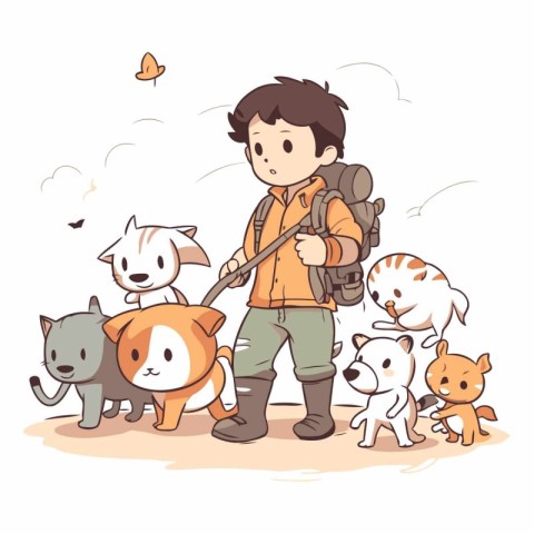 Vector illustration of a boy with a backpack and a group of cats