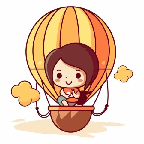 cute little girl in hot air balloon cartoon vector illustration