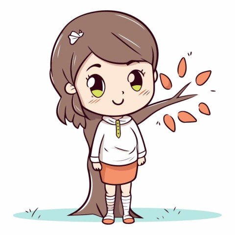 Cute little girl standing under a tree. Vector cartoon illustrat