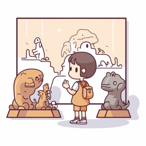 Illustration of a little boy visiting a museum with animals in t