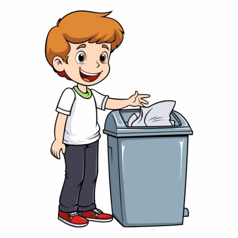 Boy throwing garbage in the trash on white background.