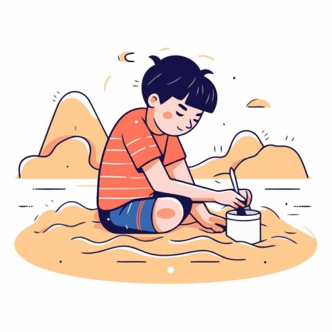 Cute little boy sitting on the beach and painting.