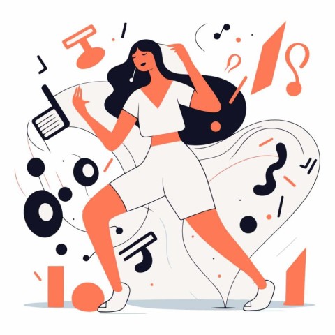 Vector illustration of a young woman dancing and listening to mu