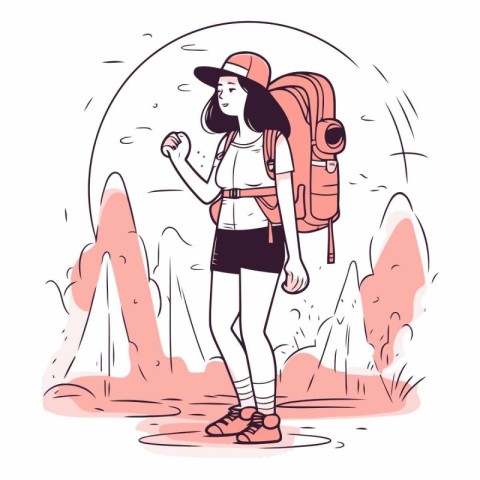 Hiking woman with backpack and map in sketch style