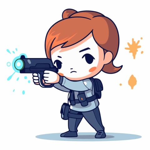 Cute little girl with a gun in cartoon style.