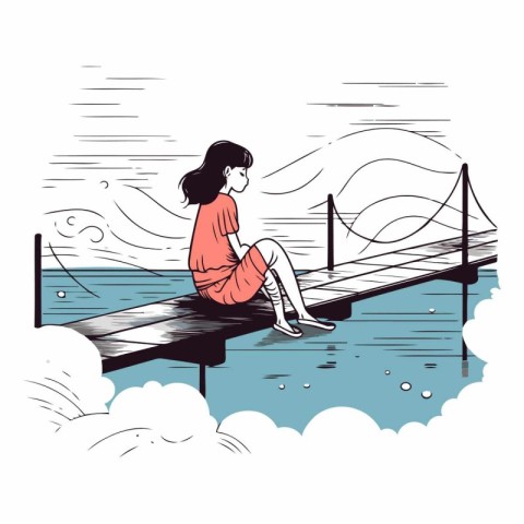 Woman sitting on a wooden bridge over the sea.