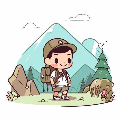 Cute boy scout with backpack hiking in mountains.