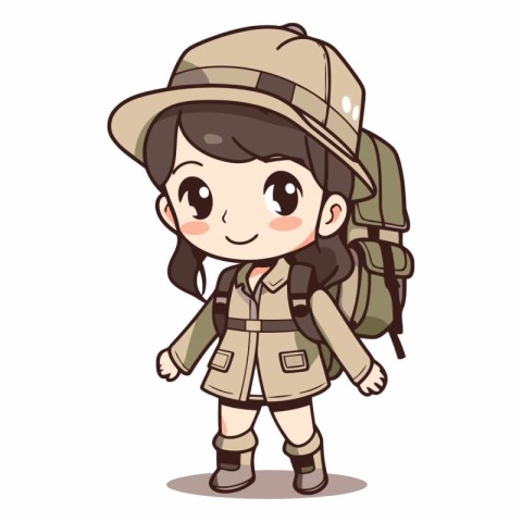 cute little girl hiker wearing safari costume cartoon vector ill