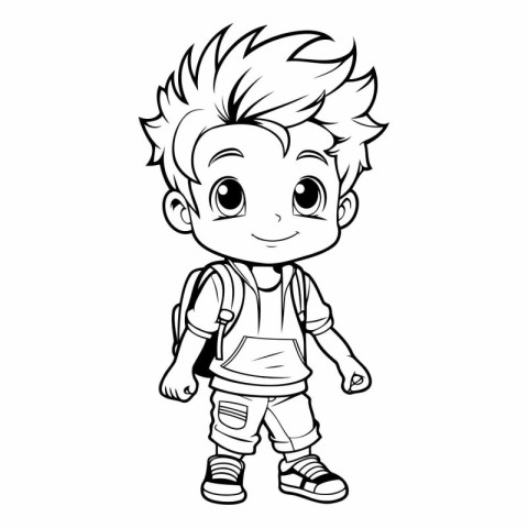 Cute little boy with backpack for coloring book.