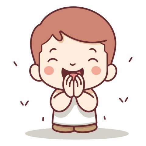 Cute boy laughing and holding his hands to his mouth vector illu