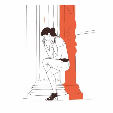 Illustration of a young man sitting on the stairs and talking on