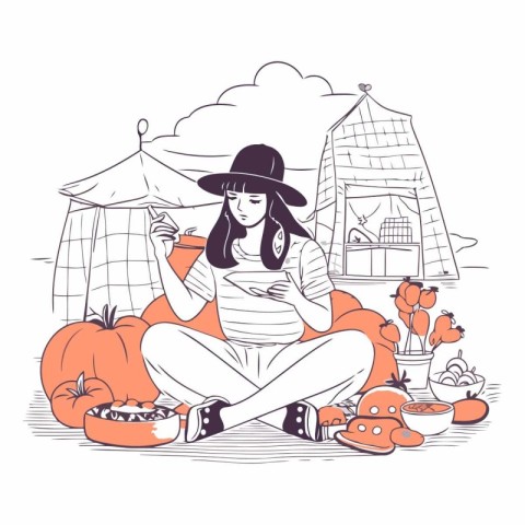 Illustration of a girl in a hat with a cup of coffee and a pumpk