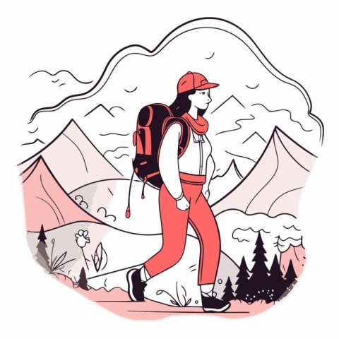 Vector illustration of a hiker with a backpack in the mountains.