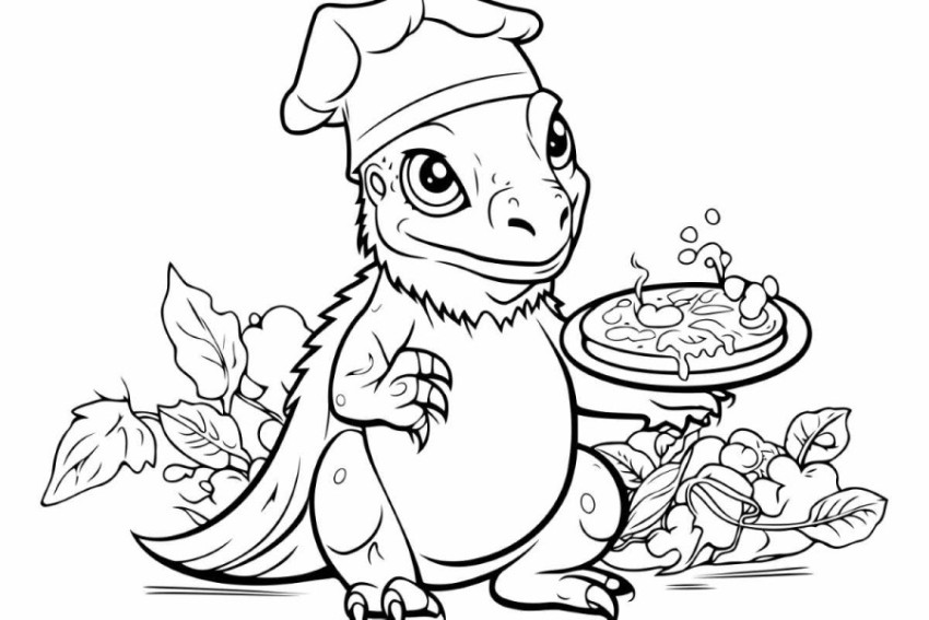 Black and White Cartoon Illustration of Dinosaur Chef for Colori