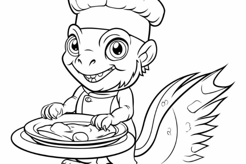 Black and White Cartoon Illustration of Little Boy Chef with a P