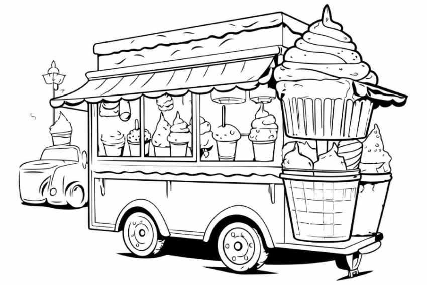 Black and White Cartoon Illustration of Ice Cream Truck or Food