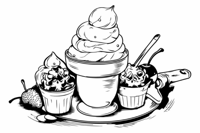 ice cream in cup with spoon and fork vector illustration hand dr