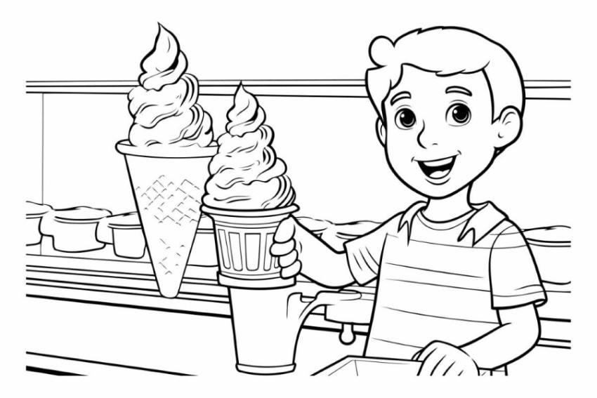 Black and White Cartoon Illustration of a Boy Eating Ice Cream i