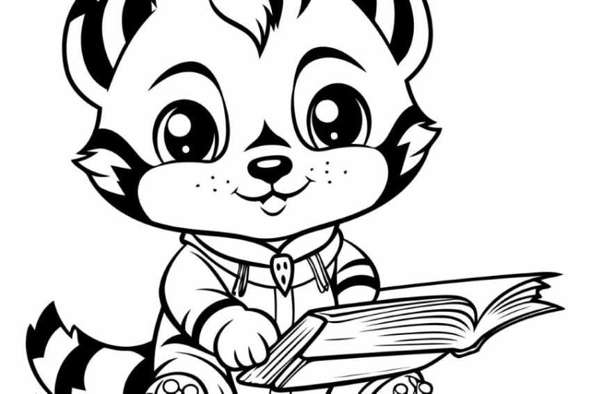 Black and White Cartoon Illustration of Cute Baby Raccoon with B