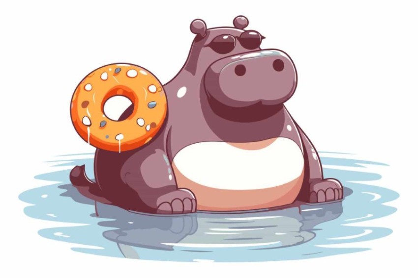 Illustration of a Hippo with a Donut in the Water