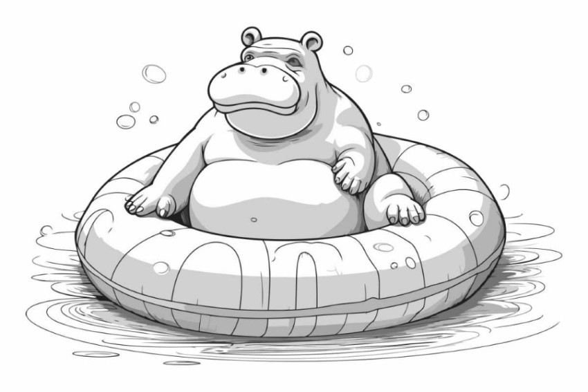 Hippopotamus floating on an inflatable ring in the water illustr