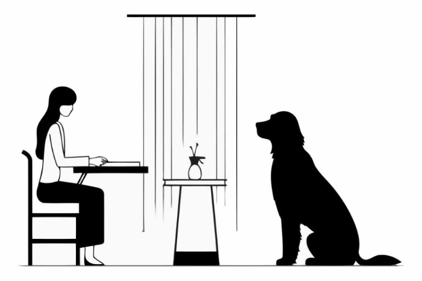 Silhouette of a woman with a dog at a table.