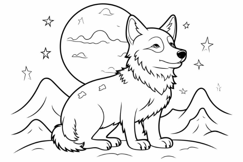 Black and White Cartoon Illustration of Cute Wolf Animal Charact