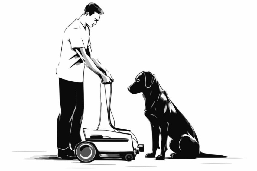 illustration of a man with a dog and a lawnmower