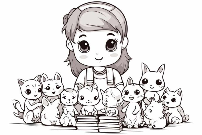 Little girl with many cats of a cute little girl.