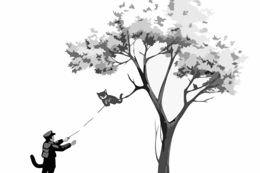 Illustration of a man carrying a dog on a leash in the tree