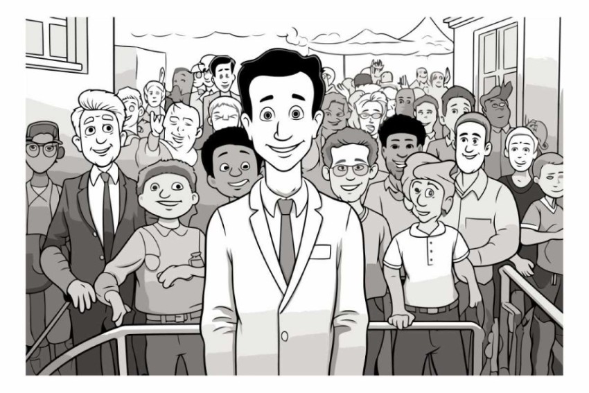 Cartoon illustration of a group of people in a crowd of people