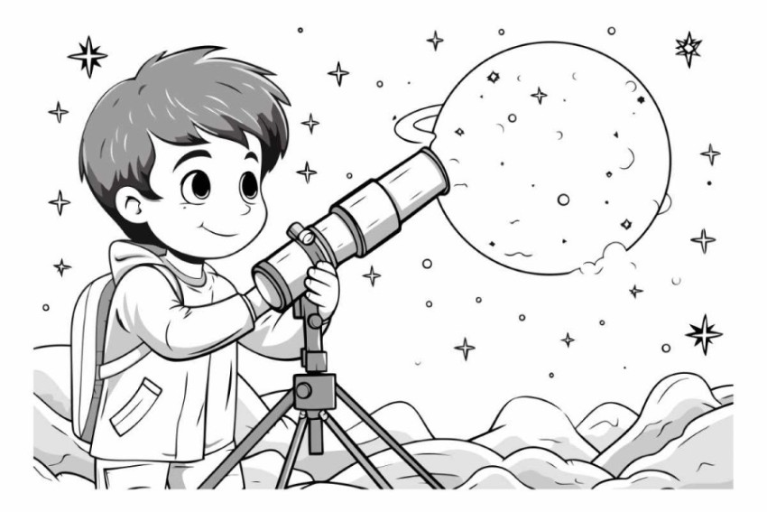 Boy looking through a telescope in the night sky.