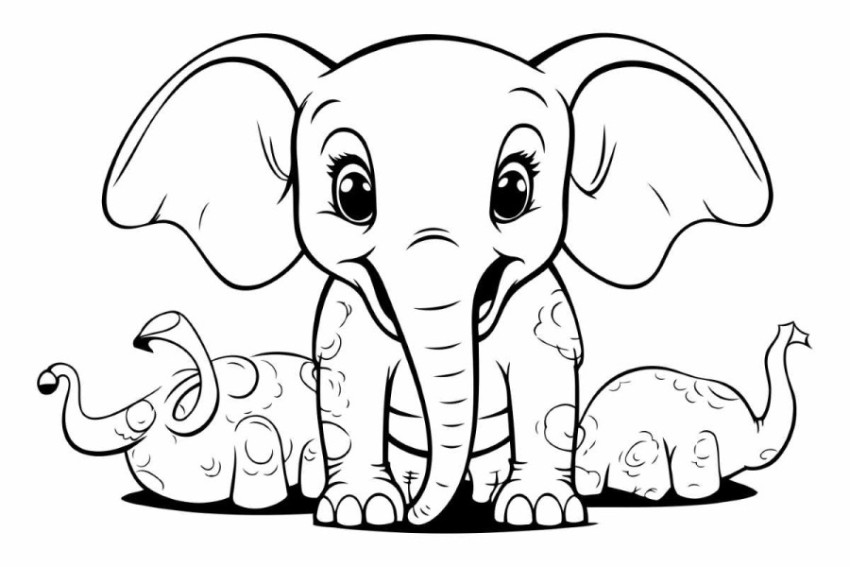 Cute baby elephant - black and white vector illustration for col