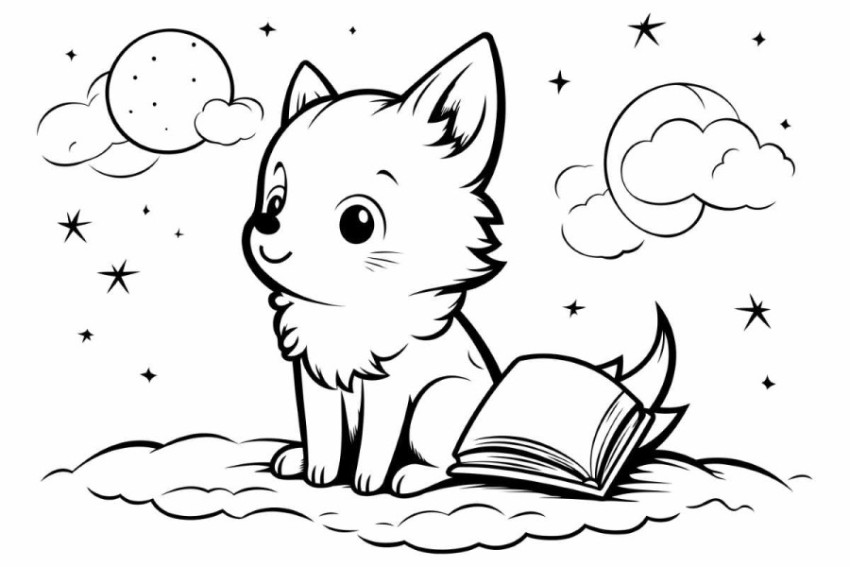 Black and White Cartoon Illustration of Cute Kitten Reading a Bo