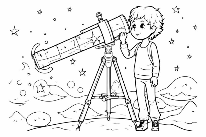 Boy looking through a telescope. black and white vector illustra