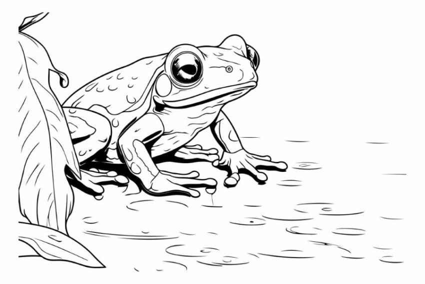 illustration of frog on the river bank in black and white colors