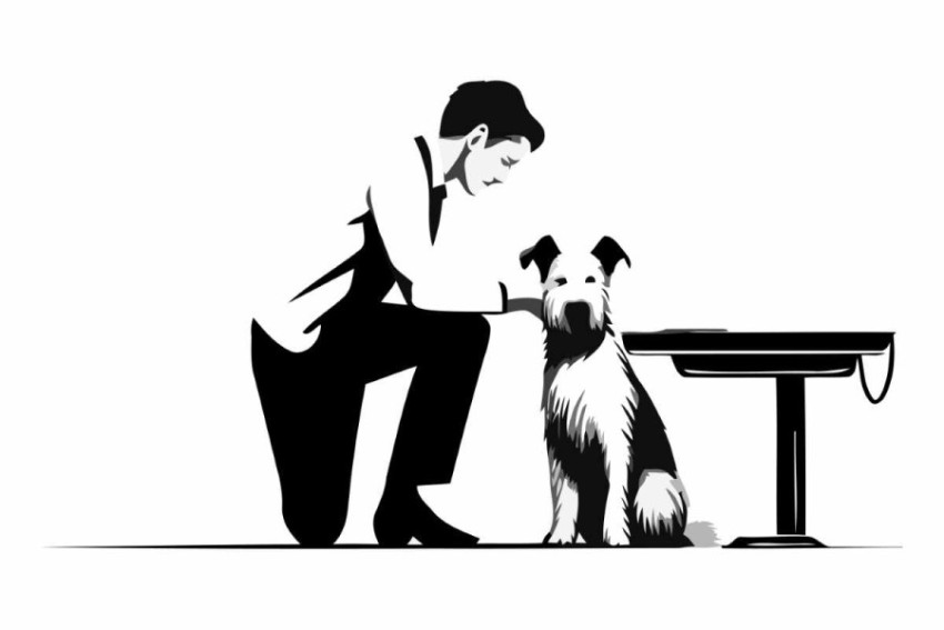 Vector illustration of a man playing with a dog on a white backg