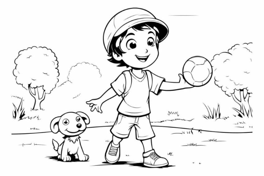 Boy playing with a dog in the park. black and white vector illus